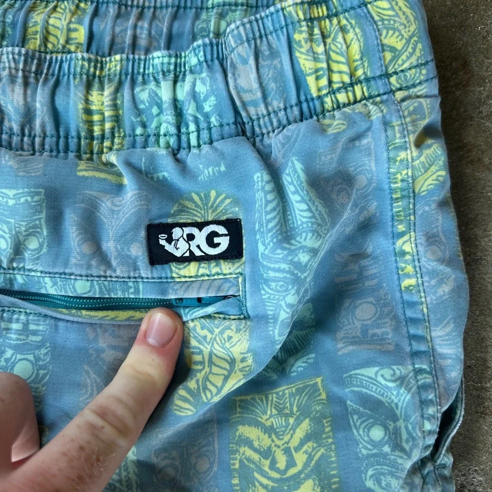 Rowdy Gentleman Swim Trunks Mens L Blue Tiki Print Drawstring Pockets Beachwear